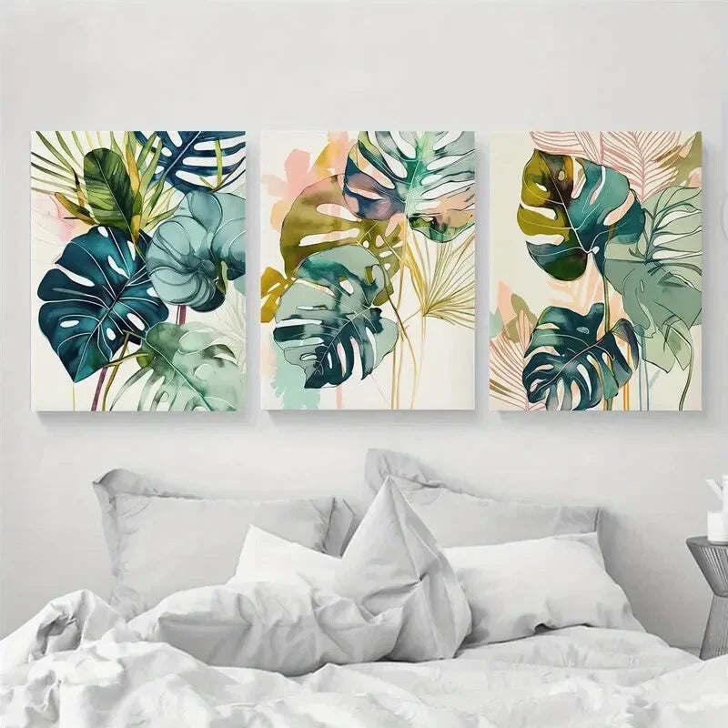3pcs Watercolor Green Palm Leaf Wall Art Metal Print Ready to Hang Art - Bella Home Decor