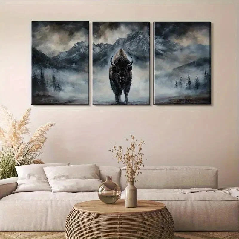 3pcs Bison in Foggy Mountain Landscape Metal Print Ready to Hang Art - Bella Home Decor