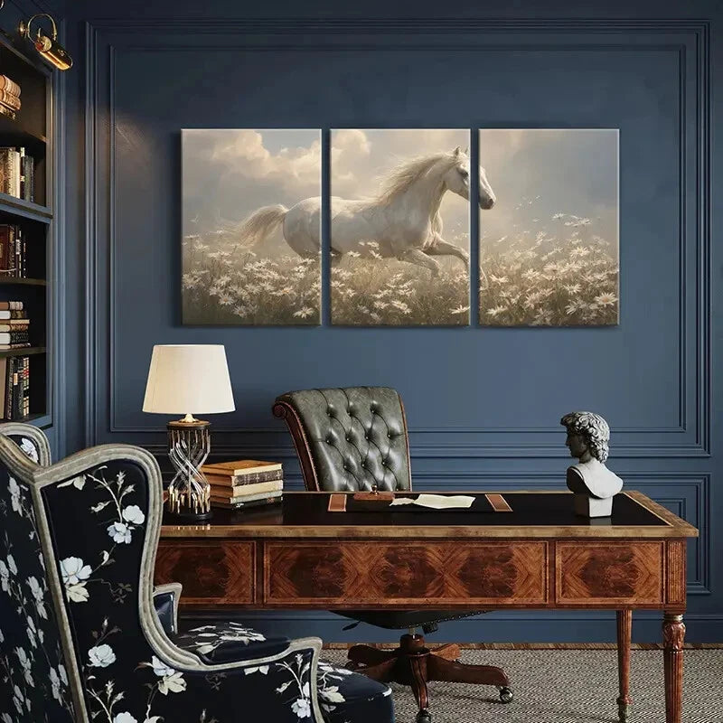 3pcs White Horse Running Through Daisy Field Metal Print Ready to Hang Art - Bella Home Decor