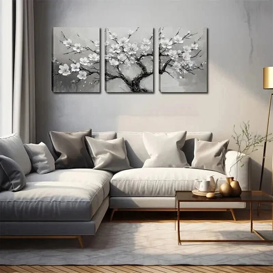 3pcs Serene Grey Tree with White Flowers Wall Art Set Canvas Framed 40x60cm - High Quality Print 100% Australian Made Wall Canvas Ready to Hang - Bella Home Decor