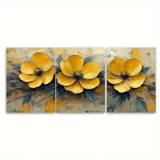 3pcs Minimalistic Yellow Buttercup Spring Design Wall Art Set Canvas Framed 50x70cm - High Quality Print 100% Australian Made Wall Canvas Ready to Hang