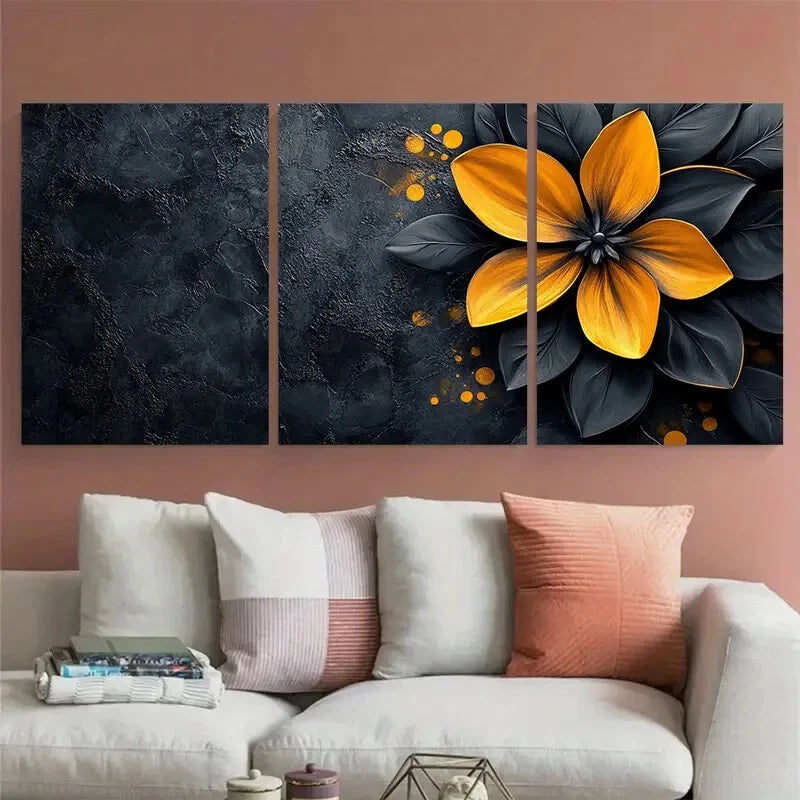 3pcs Black Yellow Floral Geometric Abstract Design Metal Print Ready to Hang Art - Bella Home Decor
