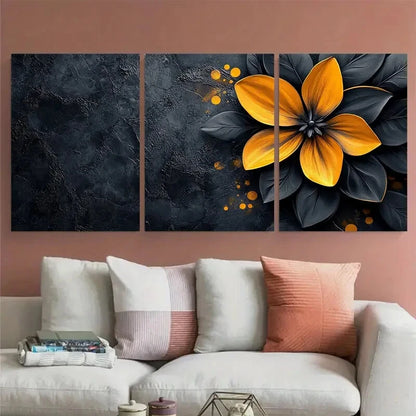 3pcs Black Yellow Floral Geometric Abstract Design Metal Print Ready to Hang Art - Bella Home Decor