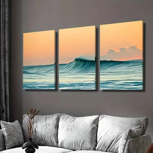 3pcs Ocean Waves and Orange Sky Landscape Wall Art Set Canvas Unframed - High Quality Print 100% Australian Made Wall Canvas