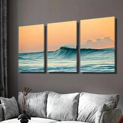 3pcs Ocean Waves and Orange Sky Landscape Wall Art Set Canvas Unframed - High Quality Print 100% Australian Made Wall Canvas