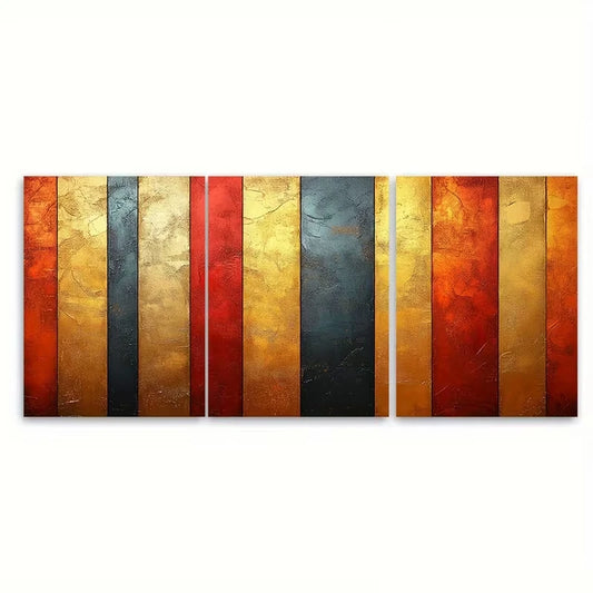 3pcs Abstract Striped Fiery Orange and Golden Metal Print Ready to Hang Art