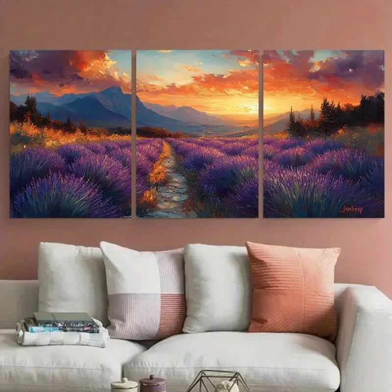 3pcs Provence Lavender Fields & Sunset Mountain Metal Print Ready to Hang Art