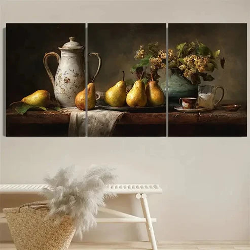3pcs Pear Still Life, Kitchen Moody  Wall Art Set Canvas Unframed - High Quality Print 100% Australian Made Wall Canvas - Bella Home Decor