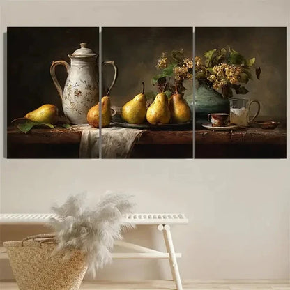 3pcs Pear Still Life, Kitchen Moody  Wall Art Set Canvas Unframed - High Quality Print 100% Australian Made Wall Canvas - Bella Home Decor