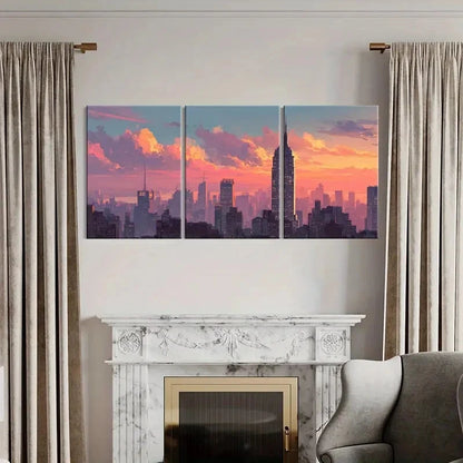 3pcs Cityscape Art Urban Skyline Sunset Glow Metal Print Ready to Hang Art - Bella Home Decor