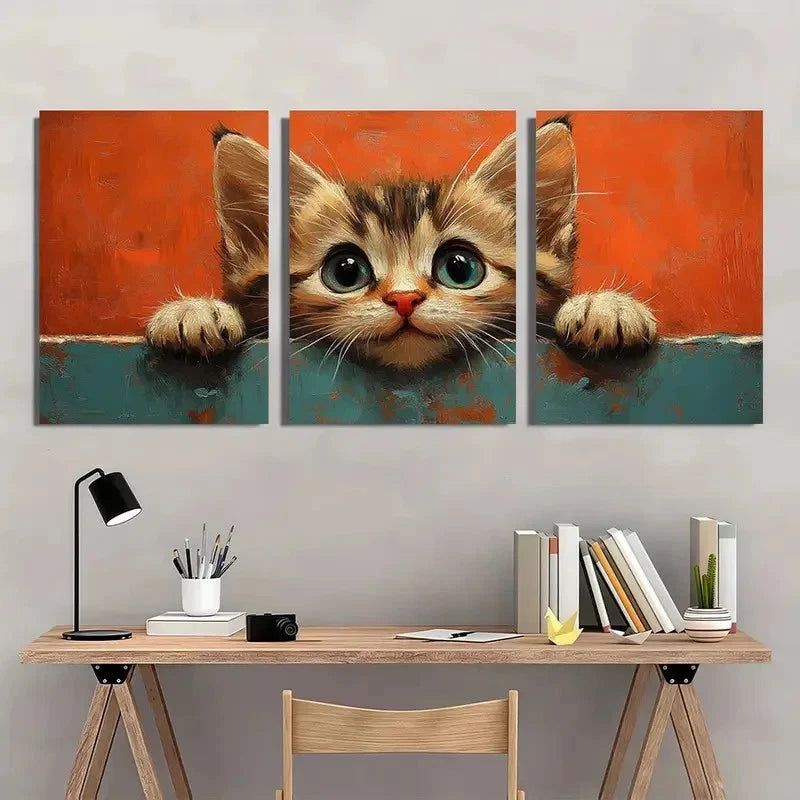 3pcs Adorable Cute Cat Vintage Aesthetic Wall Art Set Canvas Framed 60x90cm - High Quality Print 100% Australian Made Wall Canvas Ready to Hang - Bella Home Decor