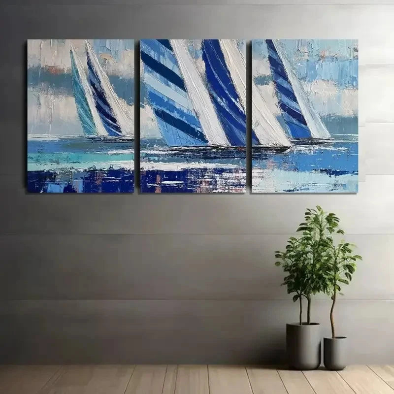 3pcs Blue & White Sailboat Design Print Metal Print Ready to Hang Art - Bella Home Decor