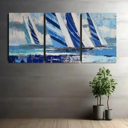 3pcs Blue & White Sailboat Design Print Metal Print Ready to Hang Art - Bella Home Decor