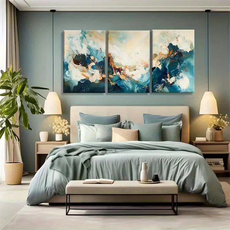 3pcs Abstract Blue and Golden Wave Painting Metal Print Ready to Hang Art - Bella Home Decor
