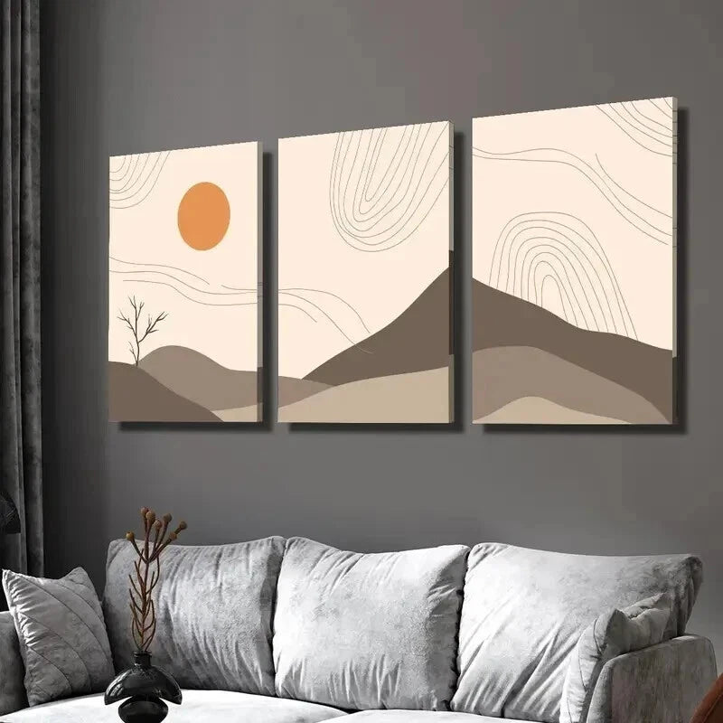 3pcs Sun Moon Tree Landscape Painting Wall Art Set Canvas Framed 50x70cm - High Quality Print 100% Australian Made Wall Canvas Ready to Hang