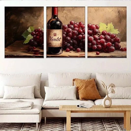 3pcs Wine Bottle and Grapes Rustic Kitchen Wall Art Set Canvas Framed 50x70cm - High Quality Print 100% Australian Made Wall Canvas Ready to Hang