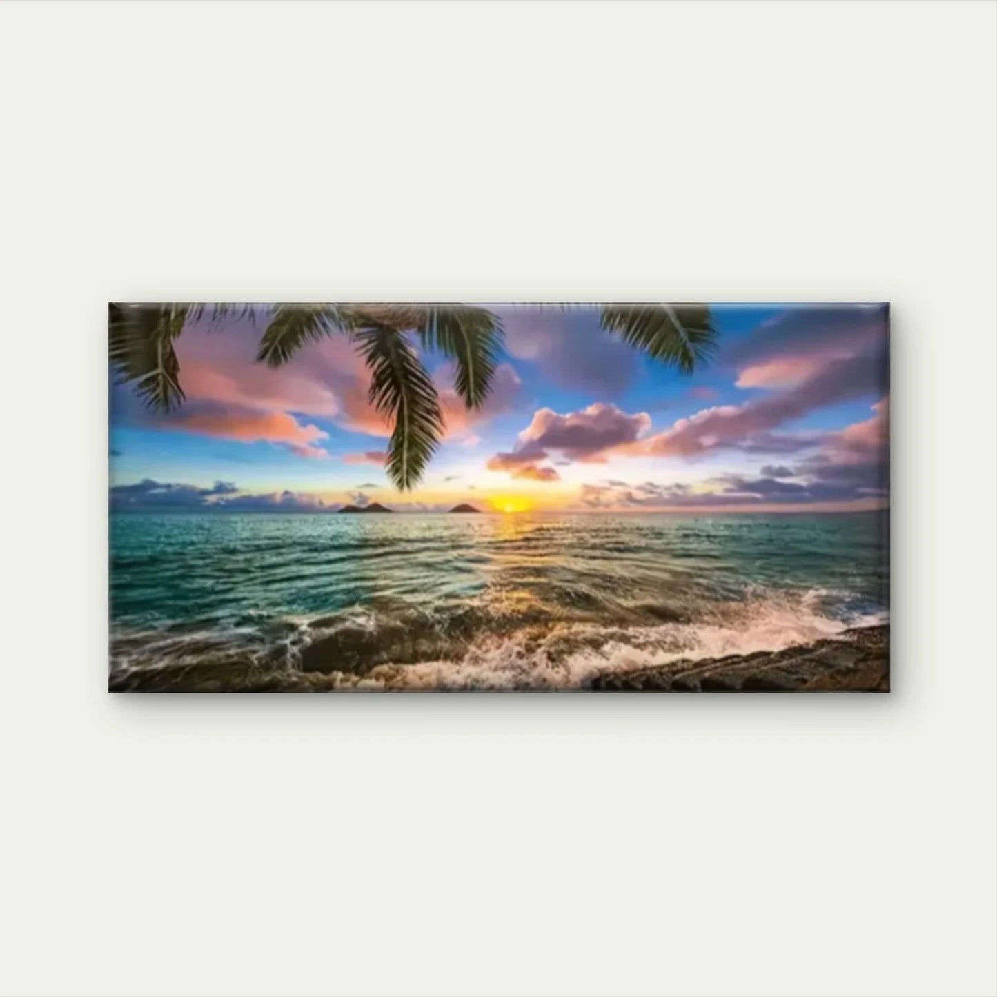 Sunset Palm Tree Sky Waves Wall Art Canvas Office Home Room Framed 120x60cm