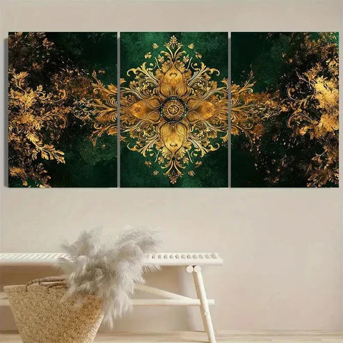 3pcs Bohemian Golden and Green Wall Art Set Canvas Unframed - High Quality Print 100% Australian Made Wall Canvas - Bella Home Decor