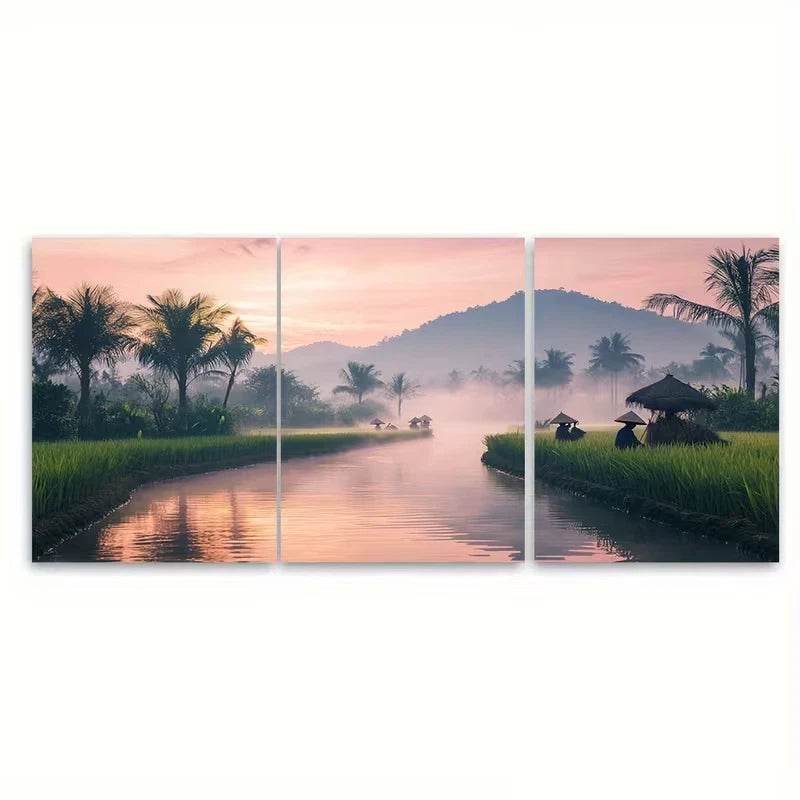 3pcs Vietnamese Countryside at Dawn Metal Print Ready to Hang Art