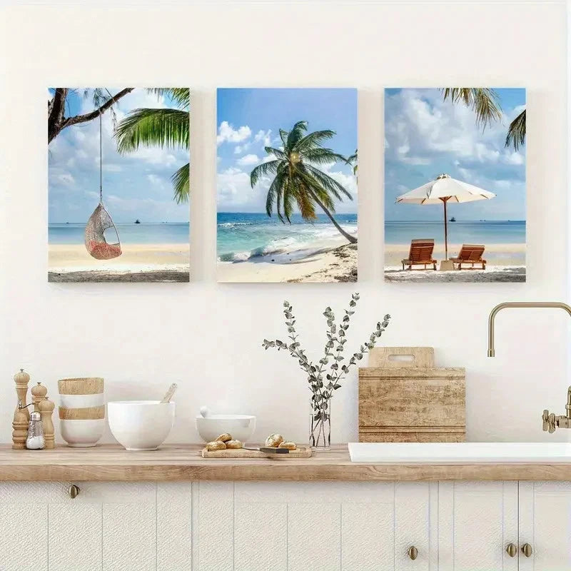 3pcs Coconut Palm Lounge Chair Wall Art Set Canvas Framed 40x60cm - High Quality Print 100% Australian Made Wall Canvas Ready to Hang - Bella Home Decor