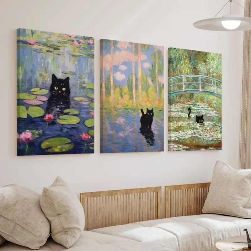 3pcs Black Cats Monet Painting Wall Art Set Canvas Framed 40x60cm – High Quality Print 100% Australian Made Wall Canvas Ready to Hang - Bella Home Decor