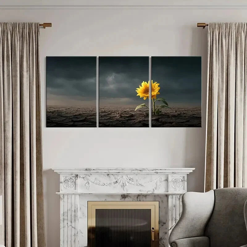 3pcs Sunflower Dark Sky Cracked Earth Metal Print Ready to Hang Art - Bella Home Decor