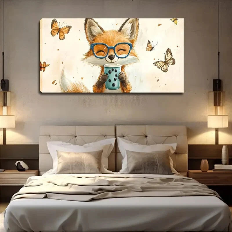 Whimsical Smiling Fox Glasses Wall Art Canvas Office Home Room Framed 120x60cm - Bella Home Decor