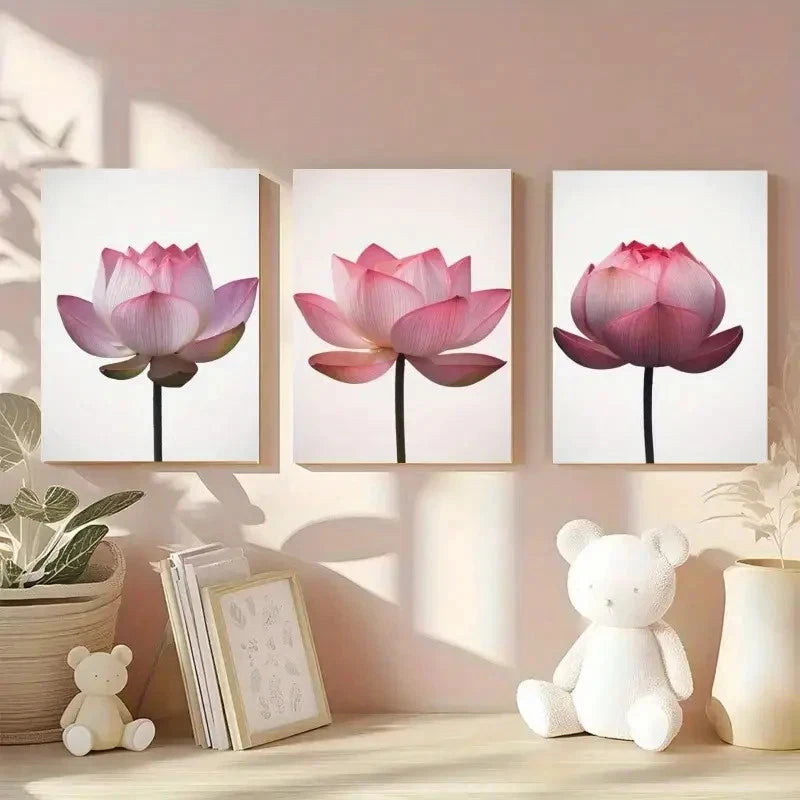 3pcs  Lotus Pink & White Botanical   Wall Art Set Canvas Framed 50x70cm - High Quality Print 100% Australian Made Wall Canvas Ready to Hang - Bella Home Decor