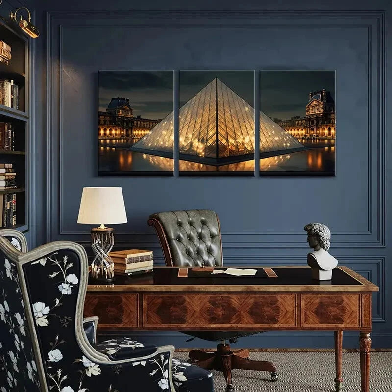 3pcs Louvre Pyramid Paris Landmark Architectural Metal Print Ready to Hang Art - Bella Home Decor