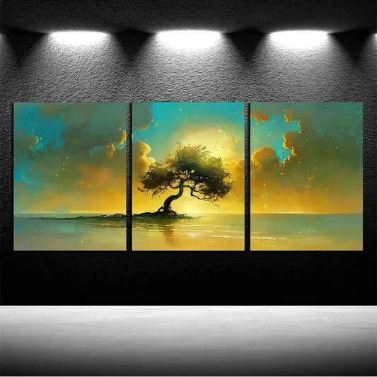 3pcs Vibrant Sunset Tree by the Lake Scene Wall Art Set Canvas Framed 50x70cm - High Quality Print 100% Australian Made Wall Canvas Ready to Hang