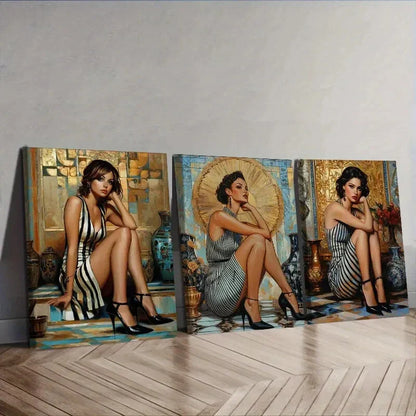 3pcs Three Fashionable Ladies Sitting Wall Art Canvas Unframed - High Quality Print 100% Australian Made Wall Canvas