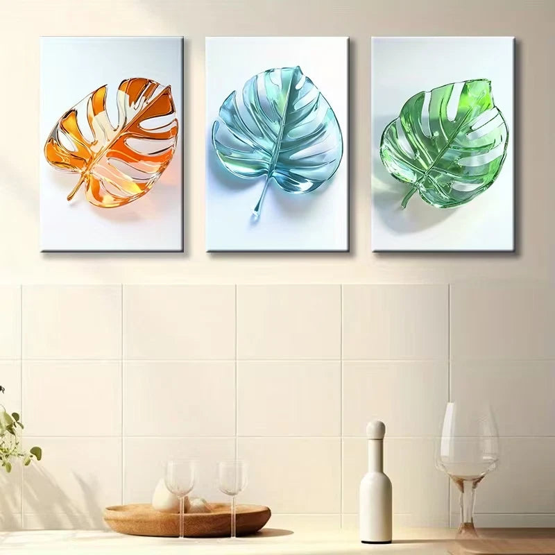 3pcs Stained Glass Leaves Design Wall Art Set Canvas Framed 60x90cm - High Quality Print 100% Australian Made Wall Canvas Ready to Hang