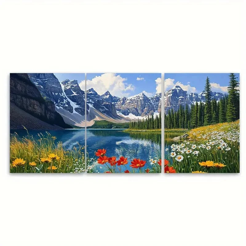 3pcs Moraine Lake Banff National Park Wildflower Wall Art Set Canvas Framed 60x90cm - High Quality Print 100% Australian Made Wall Canvas Ready to Hang