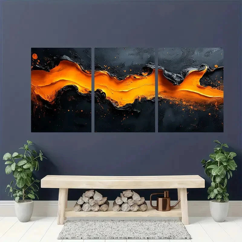 3pcs Black and Orange Acrylic Painting Metal Print Ready to Hang Art - Bella Home Decor