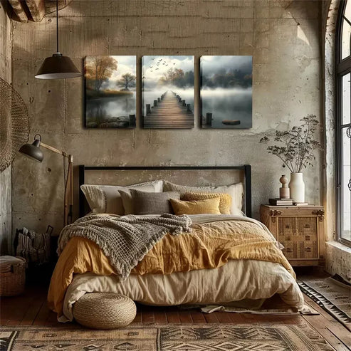 3pcs Serene Lake & Wooden Bridge Triptych Wall Art Canvas Unframed - High Quality Print 100% Australian Made Wall Canvas