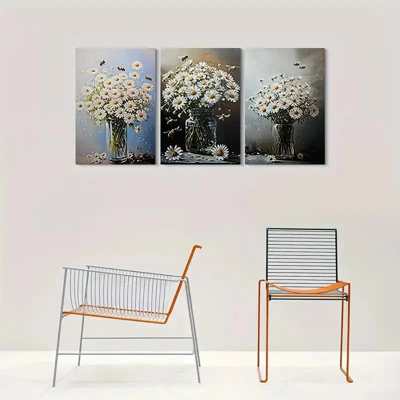 3pcs Daisy White Flower Green Leaves Metal Print Ready to Hang Art - Bella Home Decor