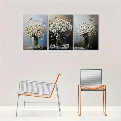 3pcs Daisy White Flower Green Leaves Metal Print Ready to Hang Art - Bella Home Decor