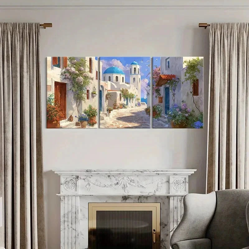 3pcs Mediterranean Village Scene White Buildings Metal Print Ready to Hang Art - Bella Home Decor