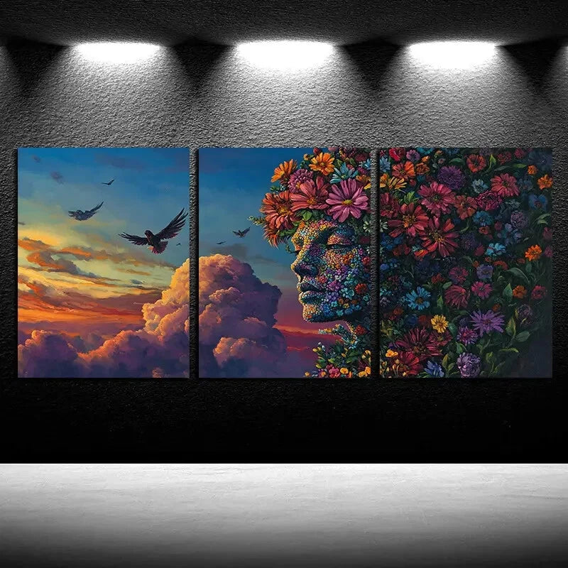 3pcs Abstract Floral Face Design with Birds Design Metal Print Ready to Hang Art - Bella Home Decor