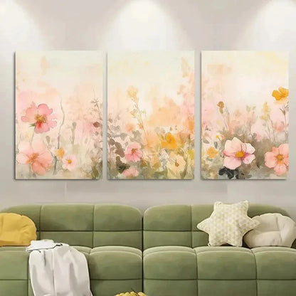 3pcs Soft Pinks and Yellows Dreamy Meadow Landscap Metal Print Ready to Hang Art