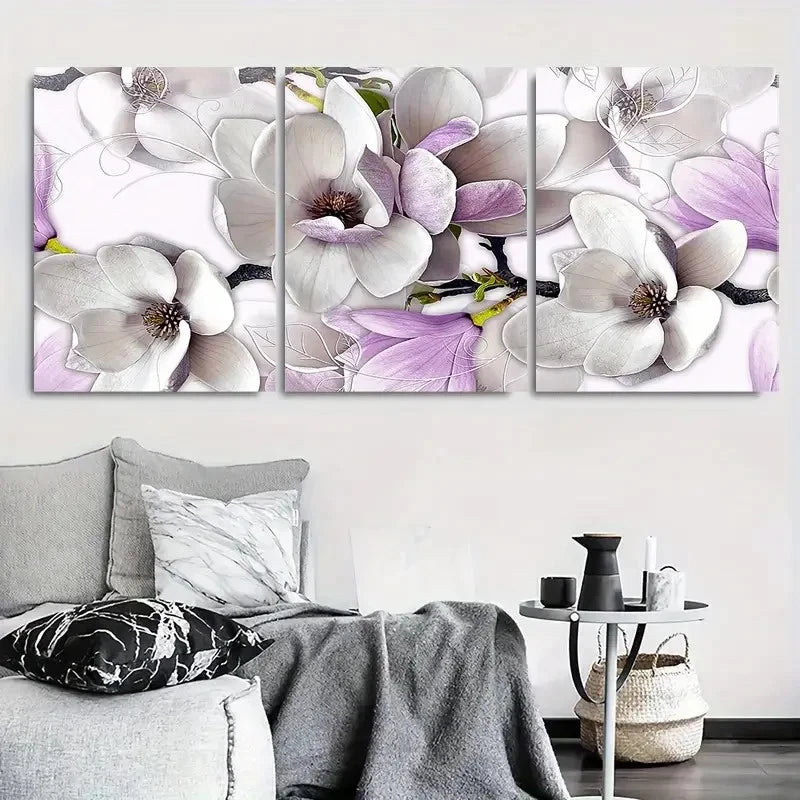 3pcs Elegant White Purple Magnolia Flower Wall Art Set Canvas Framed 60x90cm - High Quality Print 100% Australian Made Wall Canvas Ready to Hang