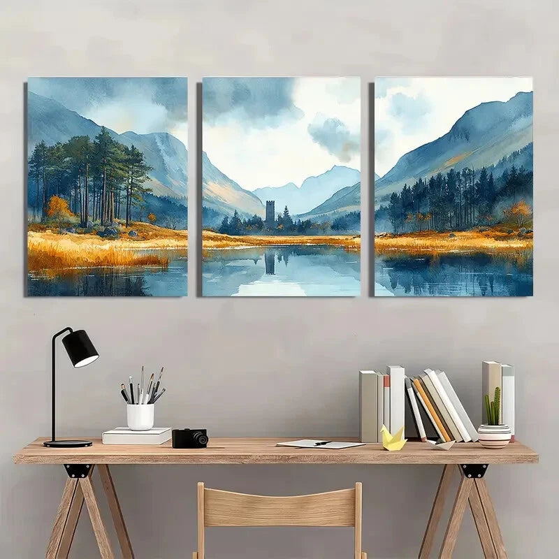 3pcs Wicklow Mountains Landscape Watercolor Art Metal Print Ready to Hang Art - Bella Home Decor