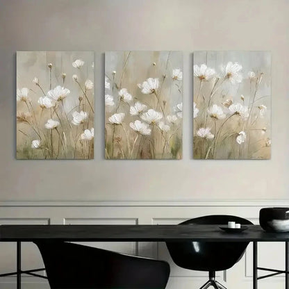 3pcs Delicate Painting of White Wildflowers Metal Print Ready to Hang Art - Bella Home Decor