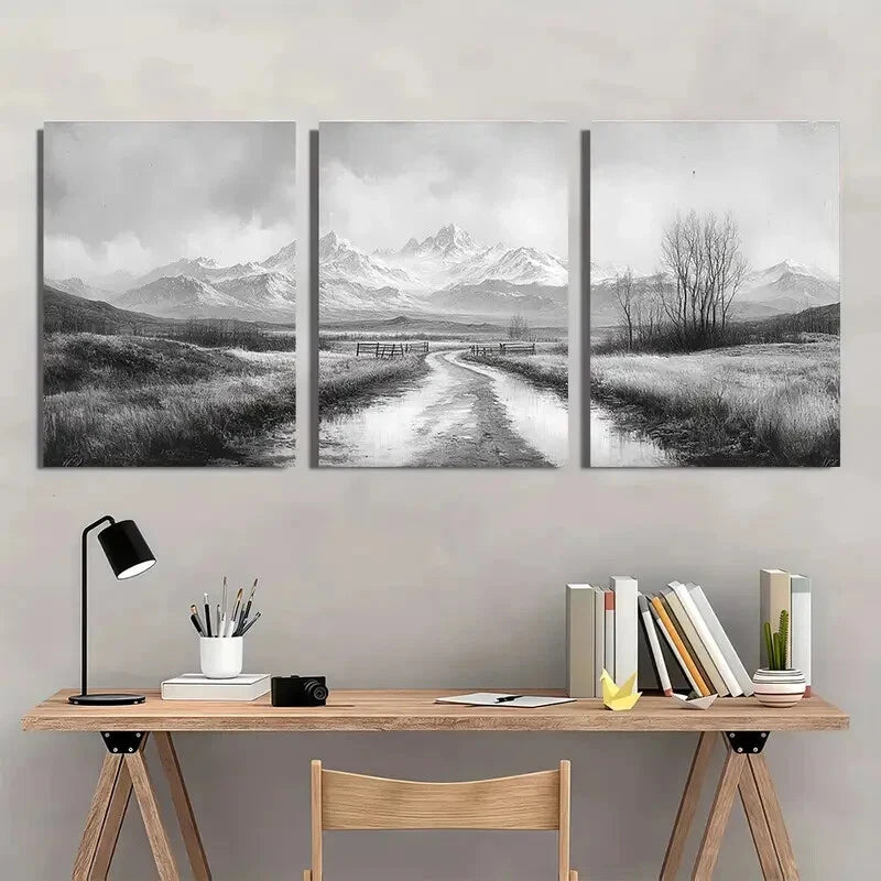 3pcs Vintage Black & White Landscape Art Metal Print Ready to Hang Art - Bella Home Decor