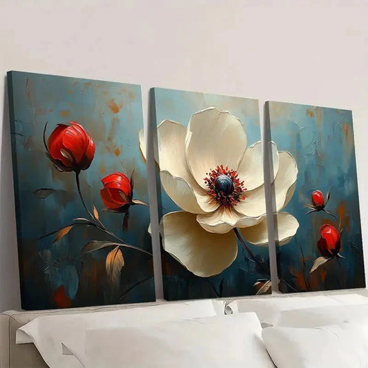 3pcs Original White Flower OL Wall Art Set Canvas Framed 40x60cm - High Quality Print 100% Australian Made Wall Canvas Ready to Hang