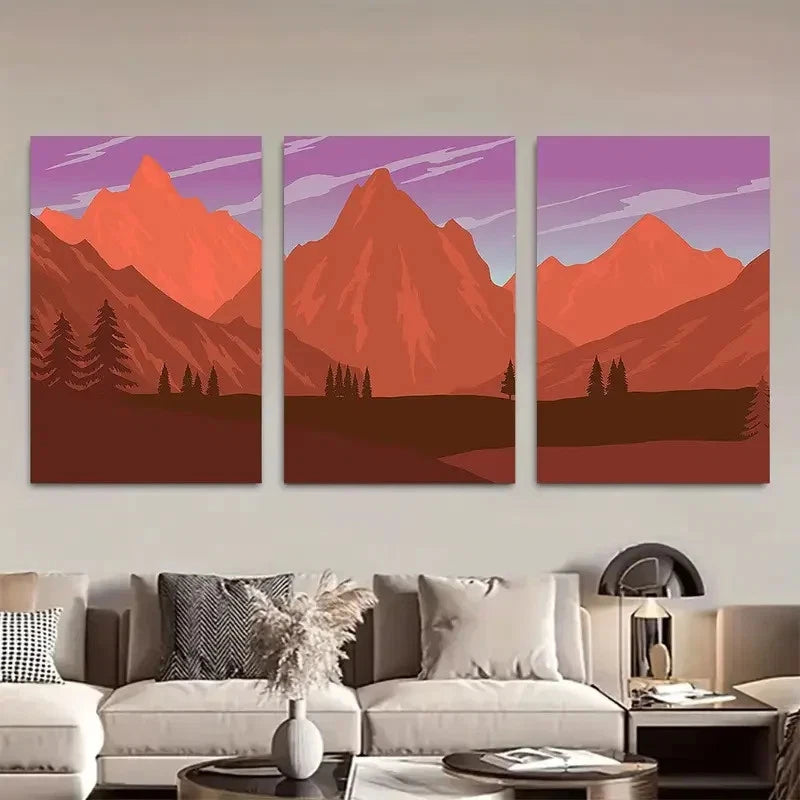 3pcs Orange & Purple Mountain Illustration Metal Print Ready to Hang Art