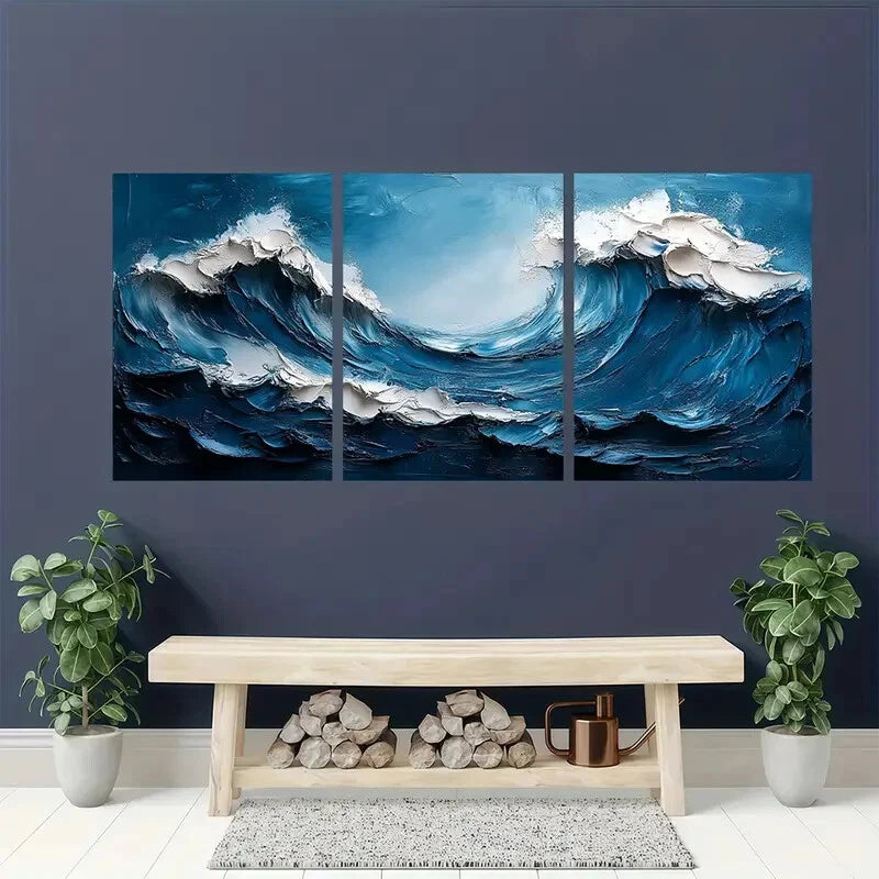 3pcs Minimalist Dark Blue Wave Abstract Art Metal Print Ready to Hang Art