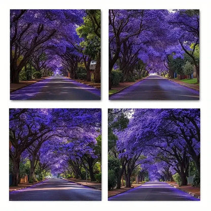 4pcsPurple Blossom Covered PathwayWall Art Canvas Framed