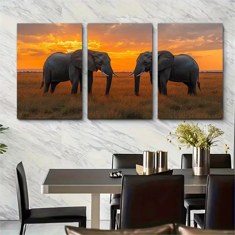 3pcs Majestic Elephant Sunset Metal Print Ready to Hang Art