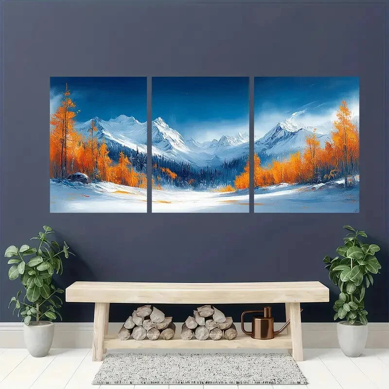 3pcs Winter Mountain Landscape Oil Paintings Metal Print Ready to Hang Art - Bella Home Decor